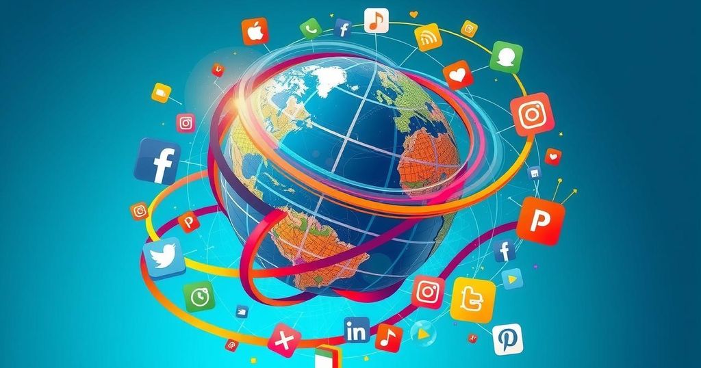 A vibrant depiction of political influence on social media with digital elements representing global connectivity.