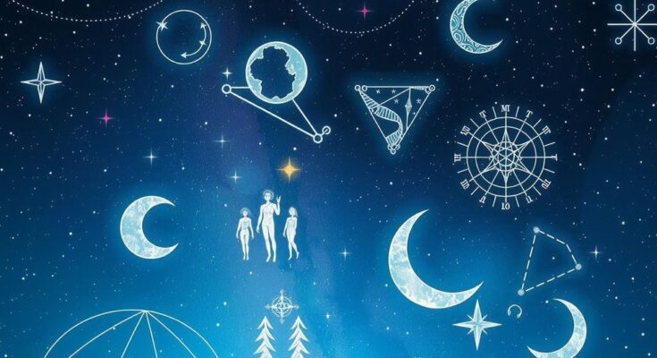 Astrological symbols overlaid with starry night sky, representing the influence of celestial events on personal growth and wisdom.