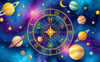 A cosmic scene with a zodiac wheel, planets, and astrological symbols, portraying unity and collaboration in astrology.
