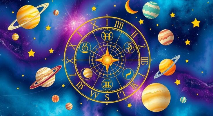 A cosmic scene with a zodiac wheel, planets, and astrological symbols, portraying unity and collaboration in astrology.