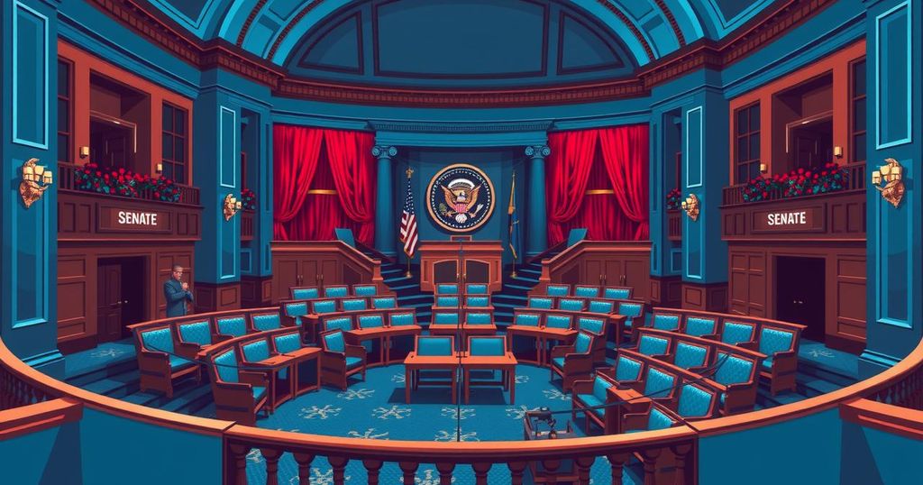 A stylized depiction of a Senate chamber with political symbols, emphasizing budget debates and bipartisan discussions.