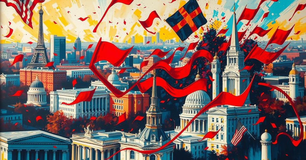 Political upheaval in Washington D.C., depicting a dynamic cityscape in turmoil, with vibrant colors and abstract artistic style.