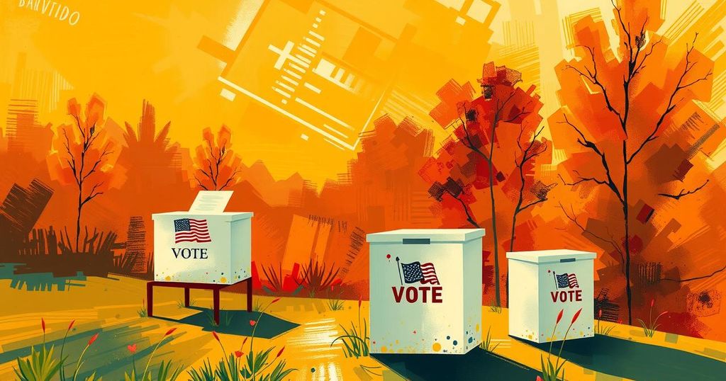 Political landscape with abstract ballot boxes and voter ID cards, showcasing shifts in electoral dynamics, warm colors.