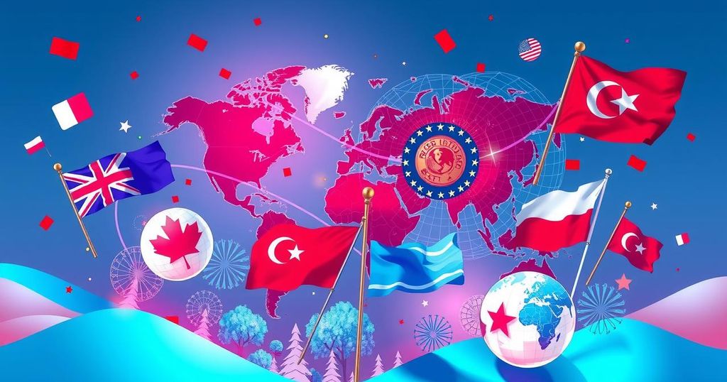 A digital landscape featuring political symbols and colors, representing global political discourse and influence.