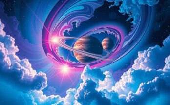 Astrological theme with celestial bodies, vibrant colors, and mystical elements representing love and transformation.