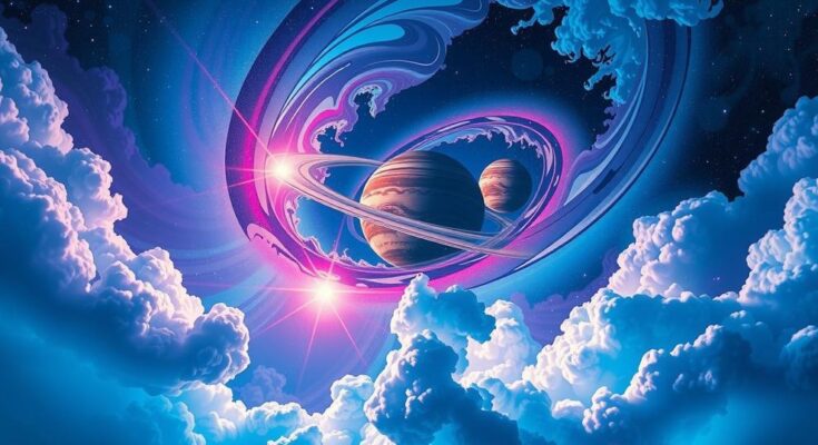 Astrological theme with celestial bodies, vibrant colors, and mystical elements representing love and transformation.