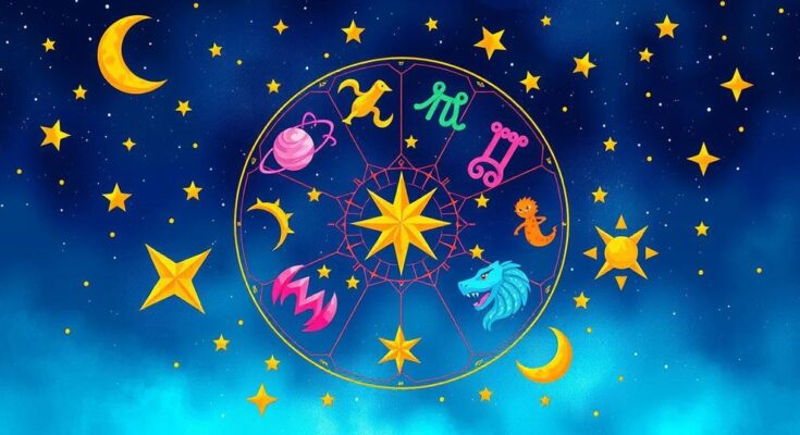 Colorful zodiac symbols and celestial elements representing horoscopes in a harmonious layout.