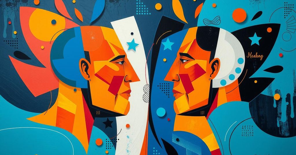 An abstract representation of a political debate with dynamic shapes and contrasting colors conveying tension and discourse.