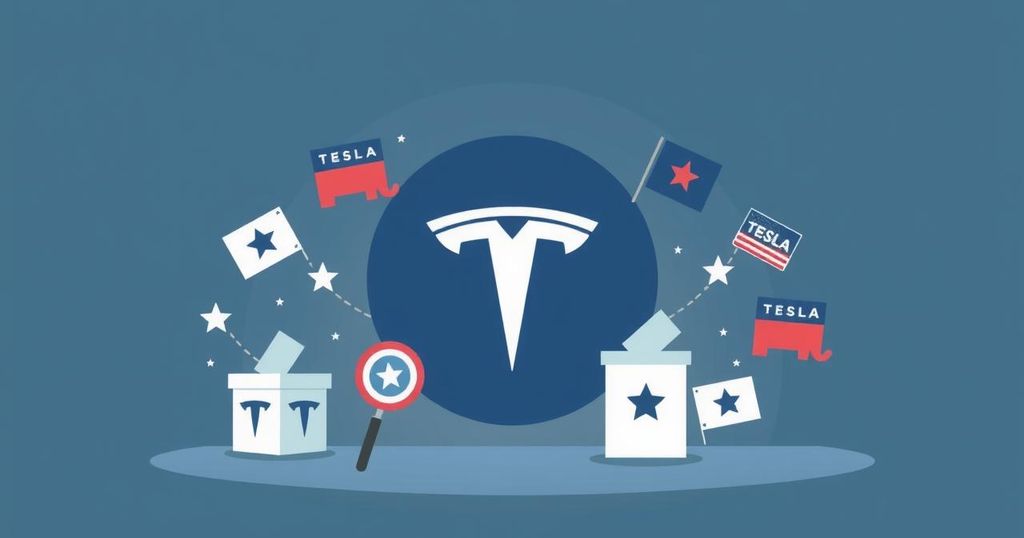 A Tesla logo against a backdrop of political campaign elements in muted colors, representing the intersection of business and politics.