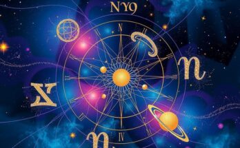 Astrological symbols with vibrant colors representing zodiac signs and celestial themes on an abstract background.