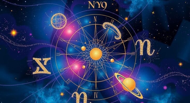 Astrological symbols with vibrant colors representing zodiac signs and celestial themes on an abstract background.