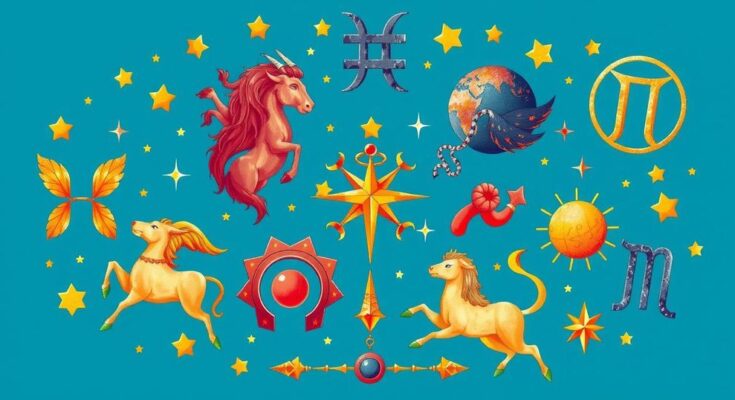 Astrological symbols with zodiac signs in vibrant colors symbolizing hope and change for horoscope readings.