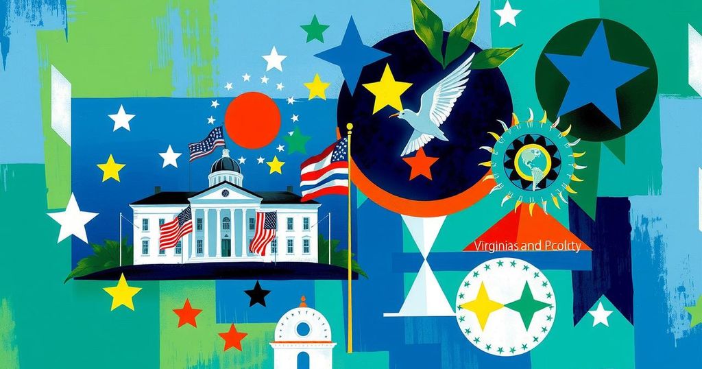 Colorful abstract representation of Virginia's political landscape with symbols of governance and diversity in primary elections.