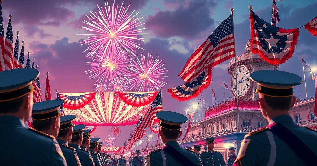 Military parade scene with colorful fireworks and patriotic decorations, honoring the armed forces in a festive atmosphere.