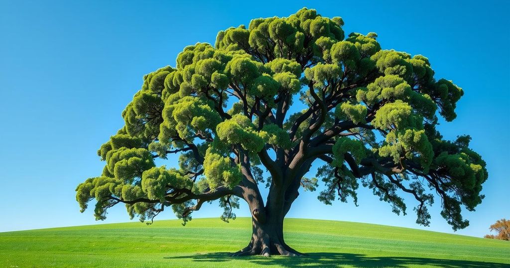 A symbol of stability and unity featuring a majestic oak tree under a blue sky with green grass, reflecting optimism.