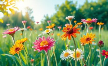A serene landscape with blooming flowers under a bright sky, symbolizing joy and gratitude.