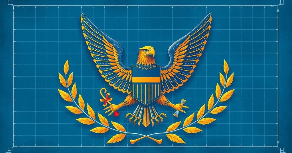 A blueprint layout featuring a symbolic eagle and olive branches that represents an agenda for government reform.