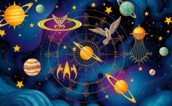 A celestial background featuring zodiac symbols, stars, and planets, with a vibrant cosmic color palette.