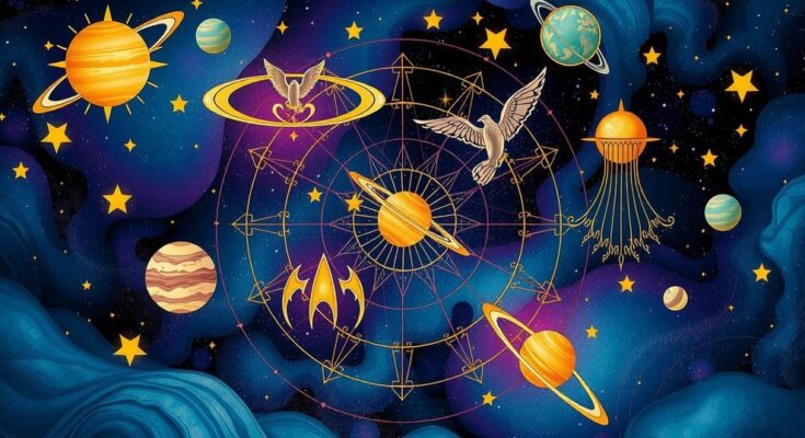 A celestial background featuring zodiac symbols, stars, and planets, with a vibrant cosmic color palette.