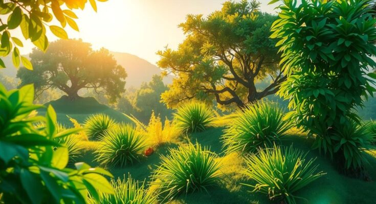 A serene nature scene with vibrant green foliage and gentle sunlight filtering through trees, creating a peaceful atmosphere.