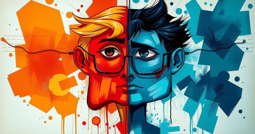 A conceptual art piece depicting divided political ideologies with contrasting colors representing approval and disapproval.