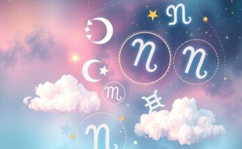 Astrological horoscope illustration featuring zodiac symbols with celestial backgrounds in soothing pastel colors.