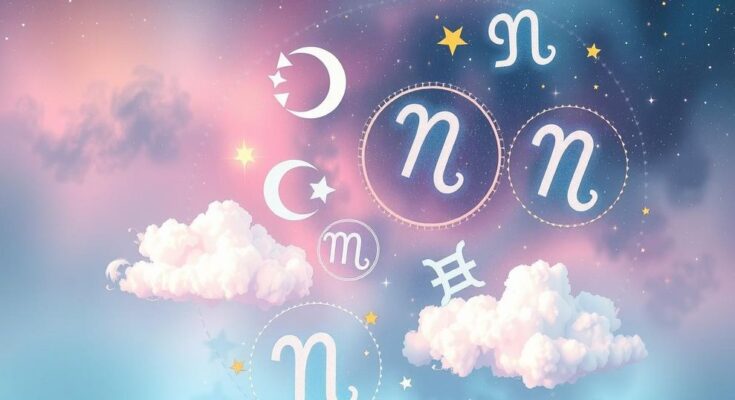 Astrological horoscope illustration featuring zodiac symbols with celestial backgrounds in soothing pastel colors.