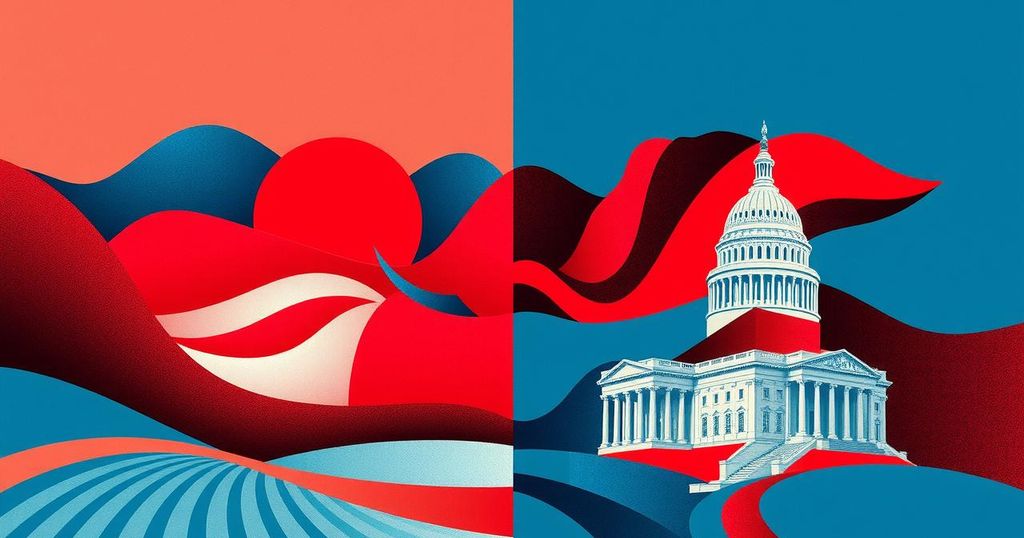A political landscape with contrasting views represented by red and blue colors symbolizing party divisions.