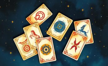 Astrological tarot cards with zodiac symbols against a mystic starry background in warm colors.