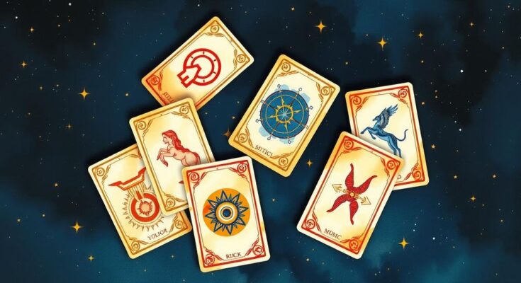 Astrological tarot cards with zodiac symbols against a mystic starry background in warm colors.