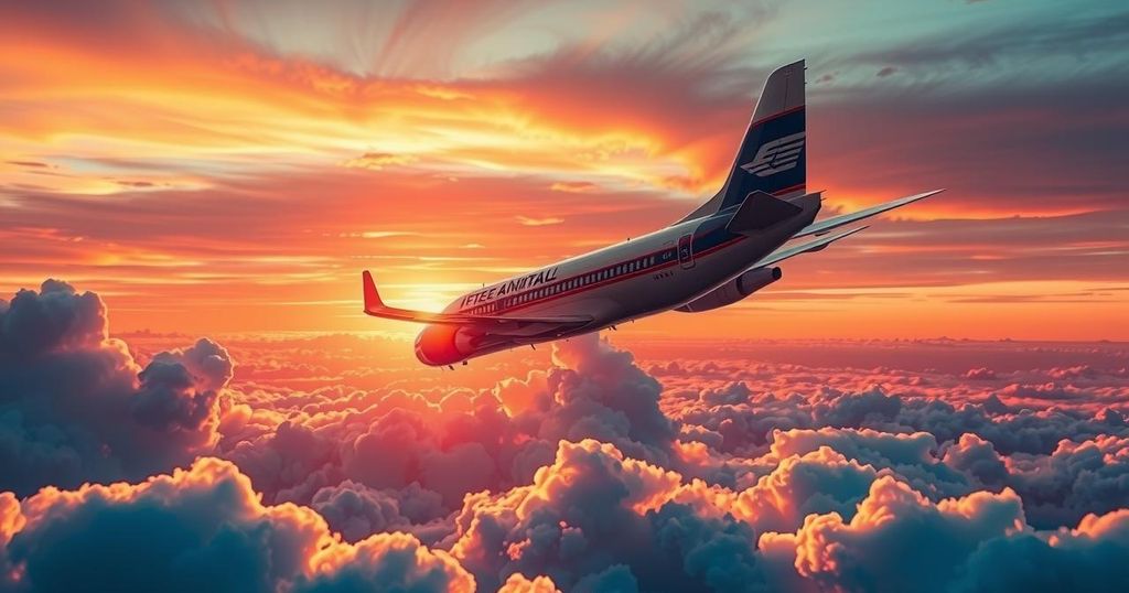 Air Force One flying above clouds with a vibrant sunset, symbolizing political journeys.