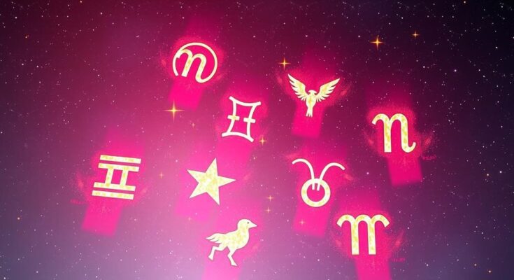 A celestial scene with zodiac symbols surrounded by stars and planets, radiating warm colors, representing love energy in June.