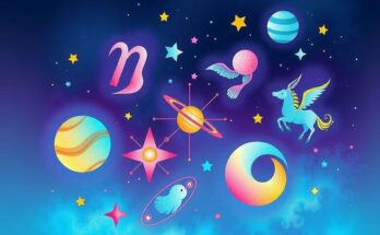 Colorful astrological symbols representing five zodiac signs with cosmic elements and celestial backgrounds.