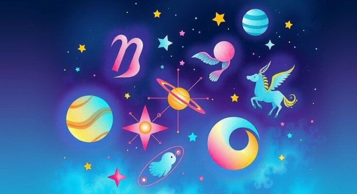 Colorful astrological symbols representing five zodiac signs with cosmic elements and celestial backgrounds.