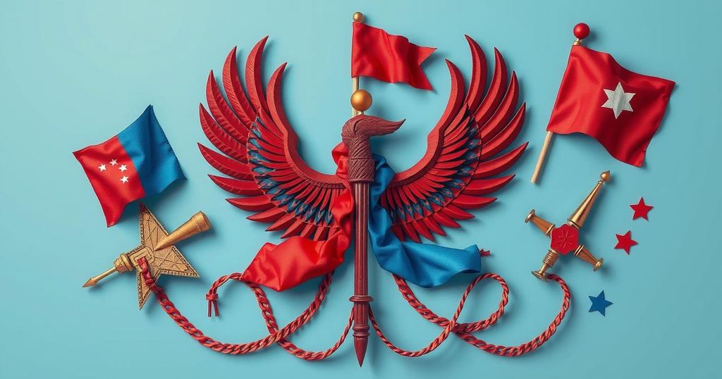 Политические события с использованием символов восстания и средств, цветовая палитра: задачи в красных и синих тонах.