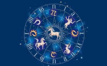 A cosmic scene with zodiac signs, astrological symbols, and a deep royal blue background evoking celestial harmony.