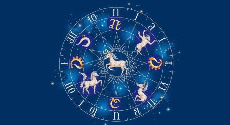 A cosmic scene with zodiac signs, astrological symbols, and a deep royal blue background evoking celestial harmony.