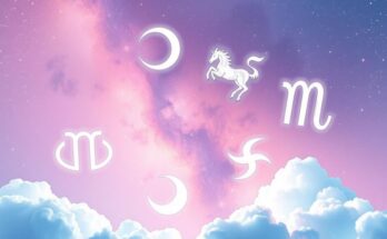 Astrological imagery symbolizing love horoscopes with celestial elements and zodiac signs in soft pastel colors.