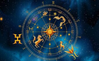 Astrological chart with celestial symbols against a cosmic backdrop filled with stars and zodiac signs.