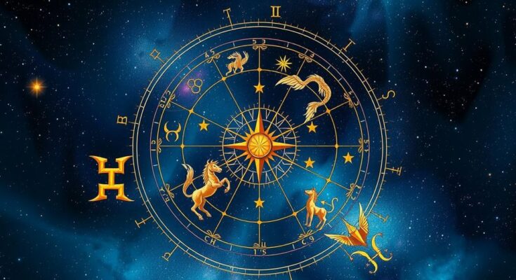 Astrological chart with celestial symbols against a cosmic backdrop filled with stars and zodiac signs.