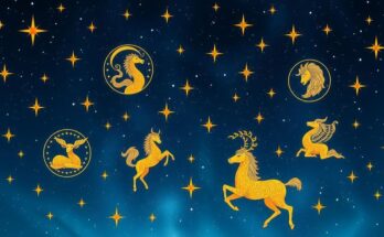 A vibrant and ornate representation of the zodiac signs under a starry night sky, capturing celestial beauty and mystique.