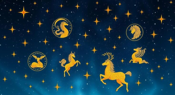 A vibrant and ornate representation of the zodiac signs under a starry night sky, capturing celestial beauty and mystique.