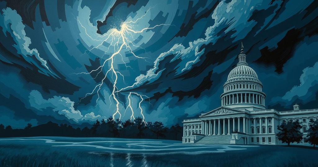 A chaotic political landscape depicting drastic changes in governance, featuring dark clouds and lightning strikes.