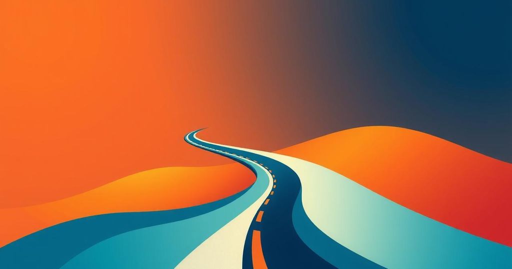 A classic abstract depiction of a fork in a road with vibrant colors representing choices and decisions.