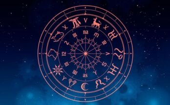 A vibrant zodiac wheel representing various astrological signs under a luminous starry sky.
