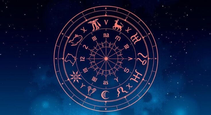 A vibrant zodiac wheel representing various astrological signs under a luminous starry sky.