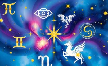 Astrological symbols representing each zodiac sign on a colorful cosmic background.