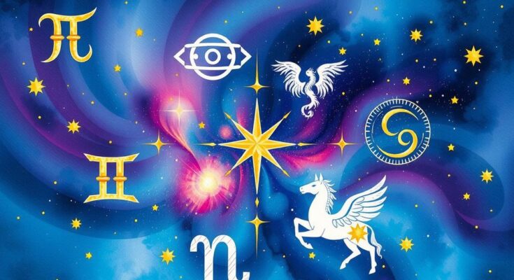 Astrological symbols representing each zodiac sign on a colorful cosmic background.
