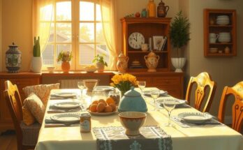 A tranquil home setting with soft light, showing warmth and togetherness through shared meals and laughter.