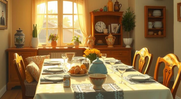 A tranquil home setting with soft light, showing warmth and togetherness through shared meals and laughter.